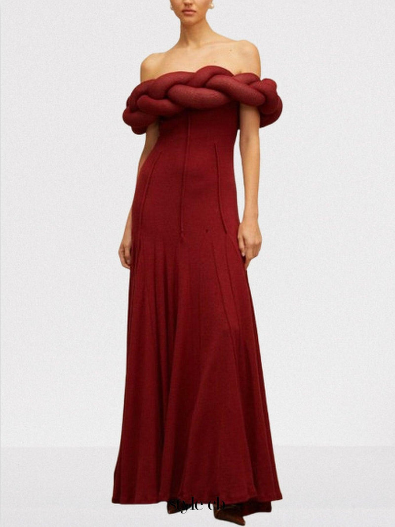Padded Braided Off-Shoulder Maxi Dress in burgundy