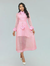 vicky flower embellished lace midi dress in pink