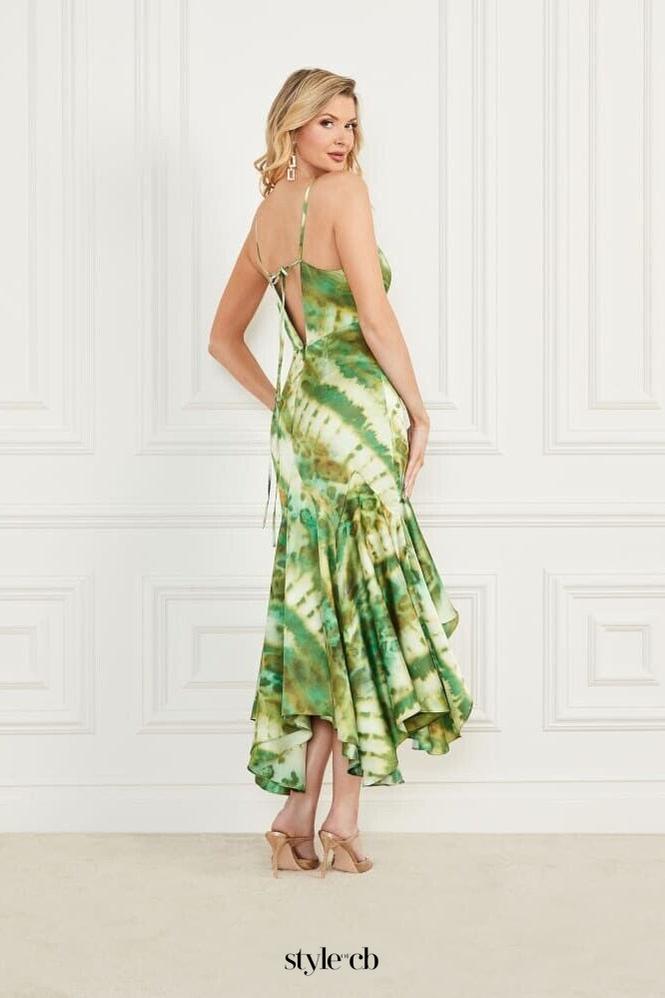 marciano waterfall printed satin midi dress in green