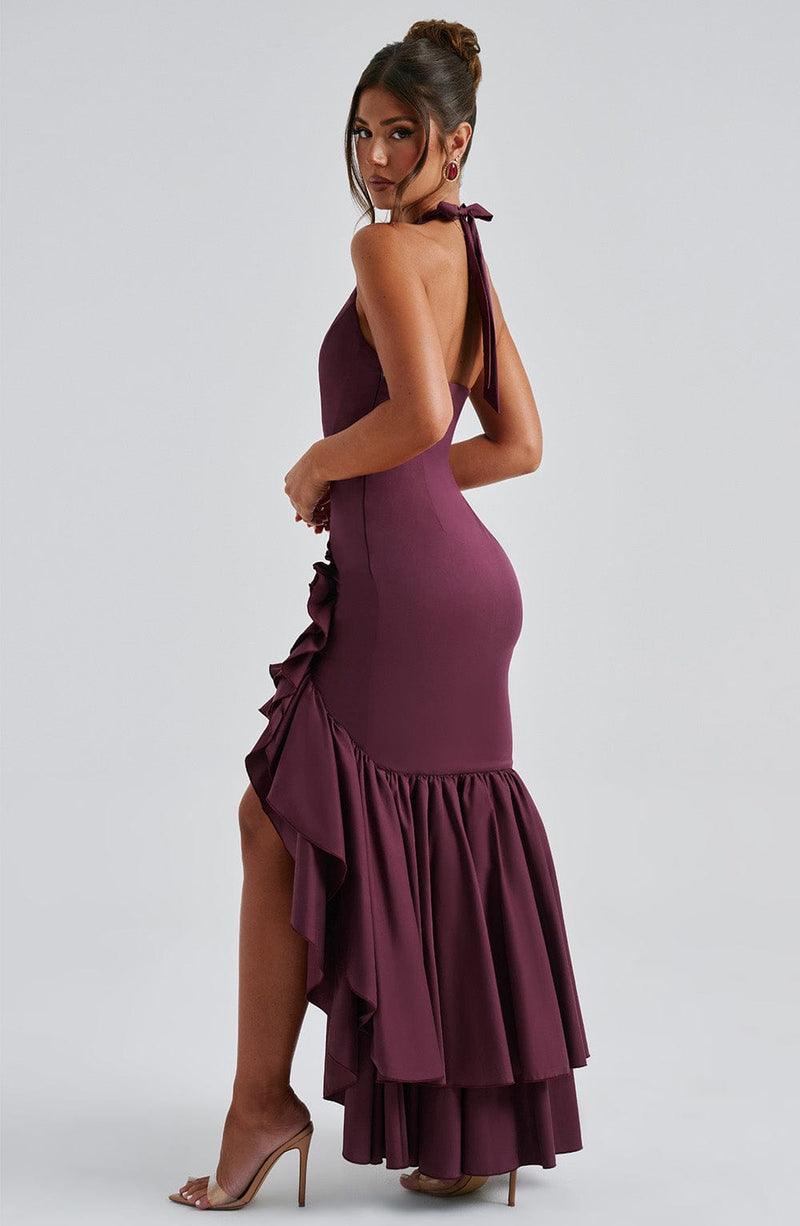 Veronique ruffle hem Maxi Dress in Cherry Lacquer