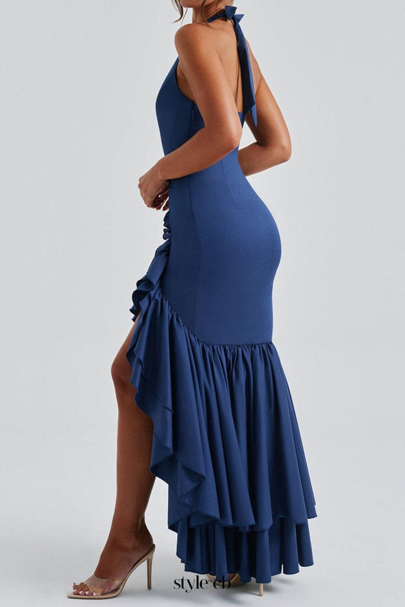 Veronique ruffle hem Maxi Dress in Navy