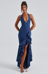 Veronique ruffle hem Maxi Dress in Navy