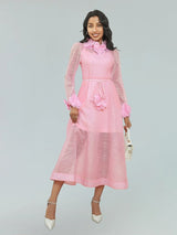 vicky flower embellished lace midi dress in pink