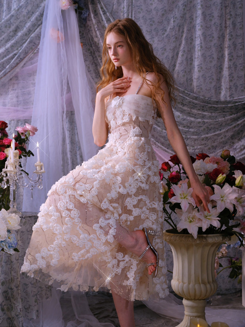 Stereoscopic Flower Rhinestone Chain maxi Dress in white