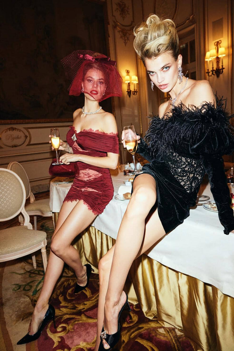 OFF SHOULDER OSTRICH FUR DECORATIVE SLIM-FIT MINI DRESS IN BLACK styleofcb 