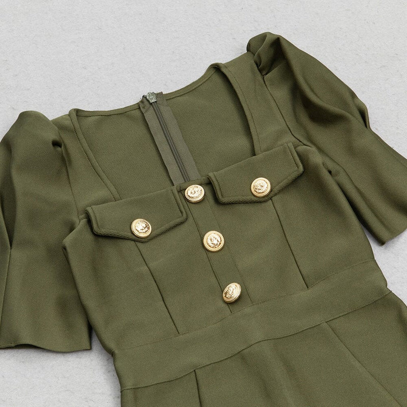 SQUARE COLLAR BUTTON MIDI DRESS IN OLIVE GREEN DRESS sis label 