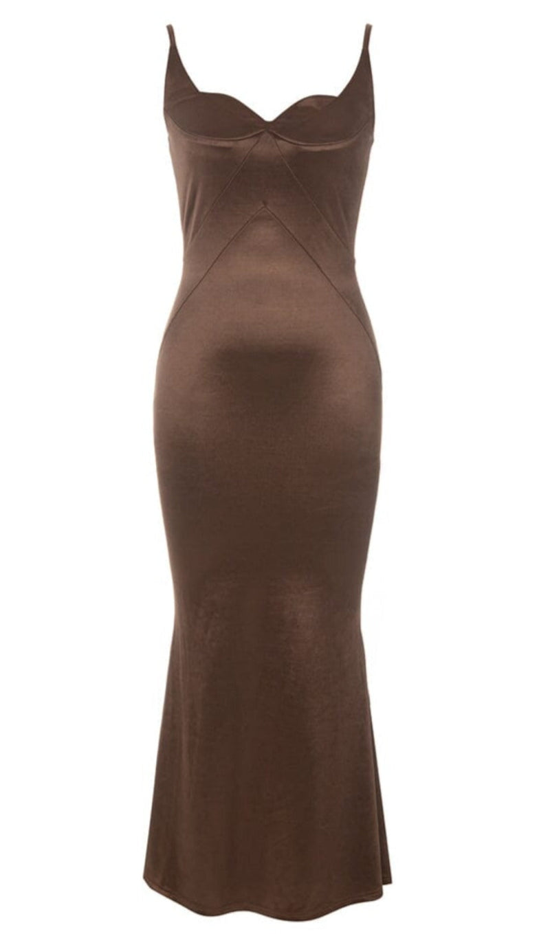 SATIN CORSET SPLIT MAXI DRESS IN BROWN DRESS styleofcb 