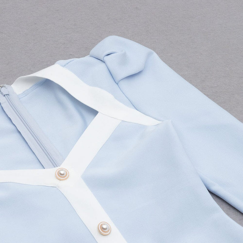 BANDAGE PUFF SLEEVE PEARL BUTTON ELEGANT MINI DRESS IN LIGHT BLUE styleofcb 