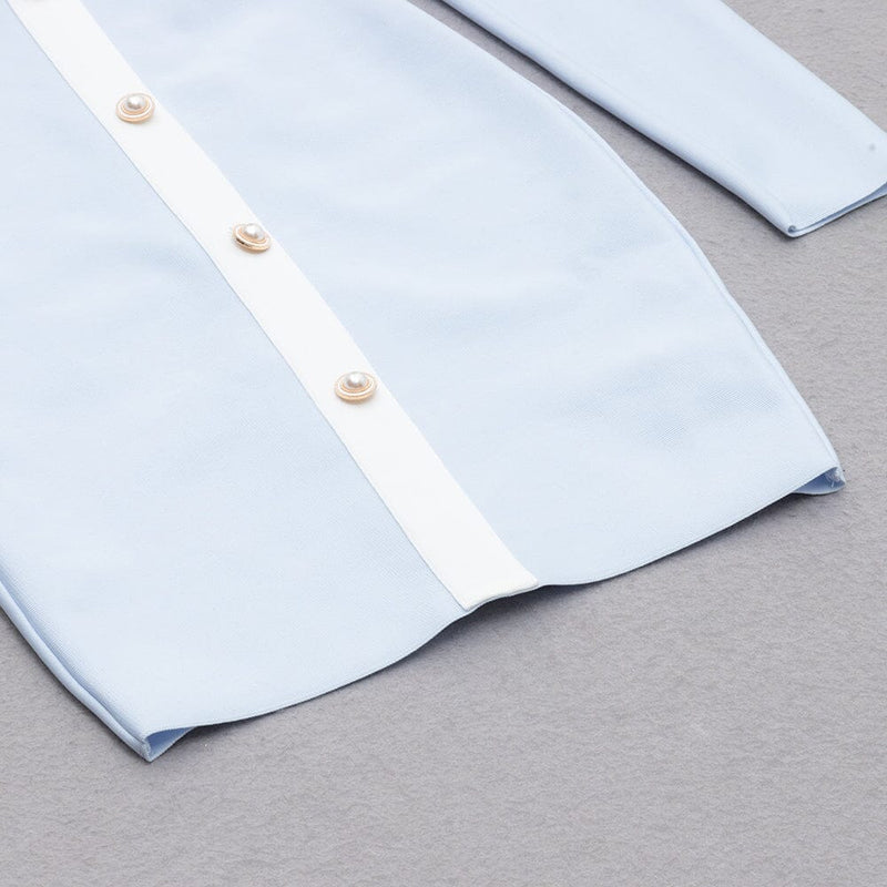 BANDAGE PUFF SLEEVE PEARL BUTTON ELEGANT MINI DRESS IN LIGHT BLUE styleofcb 