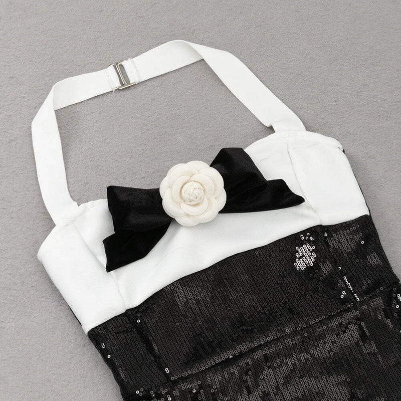 SEQUIN HALTER FLOWER MINI DRESS IN BLACK styleofcb 