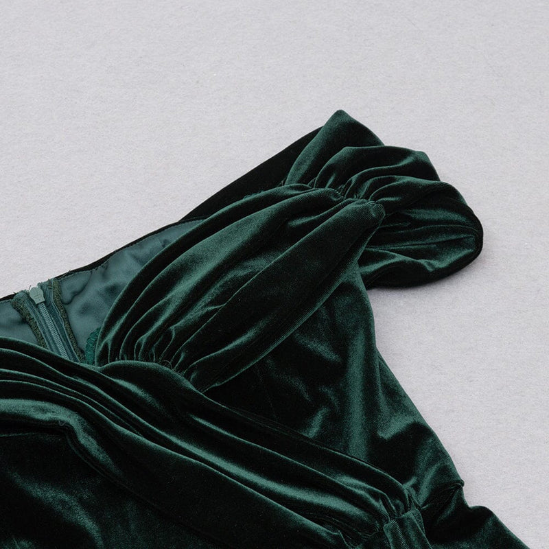 VELVET ONE-LINE SHOULDER HIGH SLIT DRESS IN DARK GREEN styleofcb 