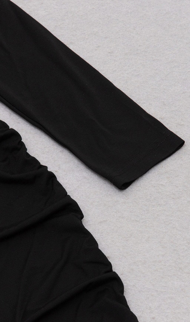 LONG SLEEVED V NECK PLEATED MIDI DRESS IN BLACK DREESES styleofcb 