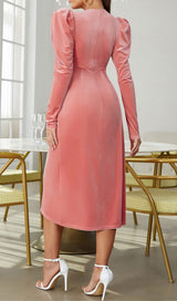 PINK LEG SLEEVE V-NECK VELVET DRESS styleofcb 