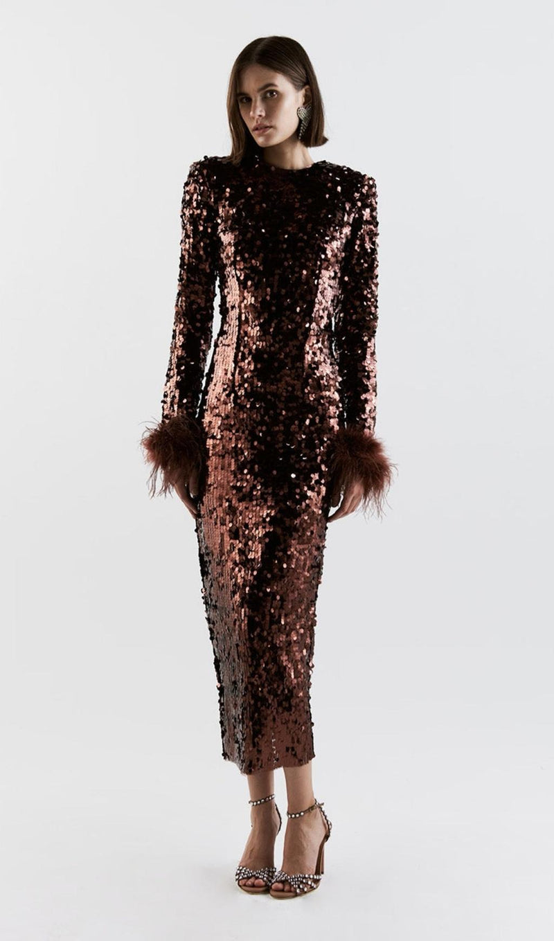 SEQUIN FEATHER LONG SLEEVES MIDI DRESS styleofcb 