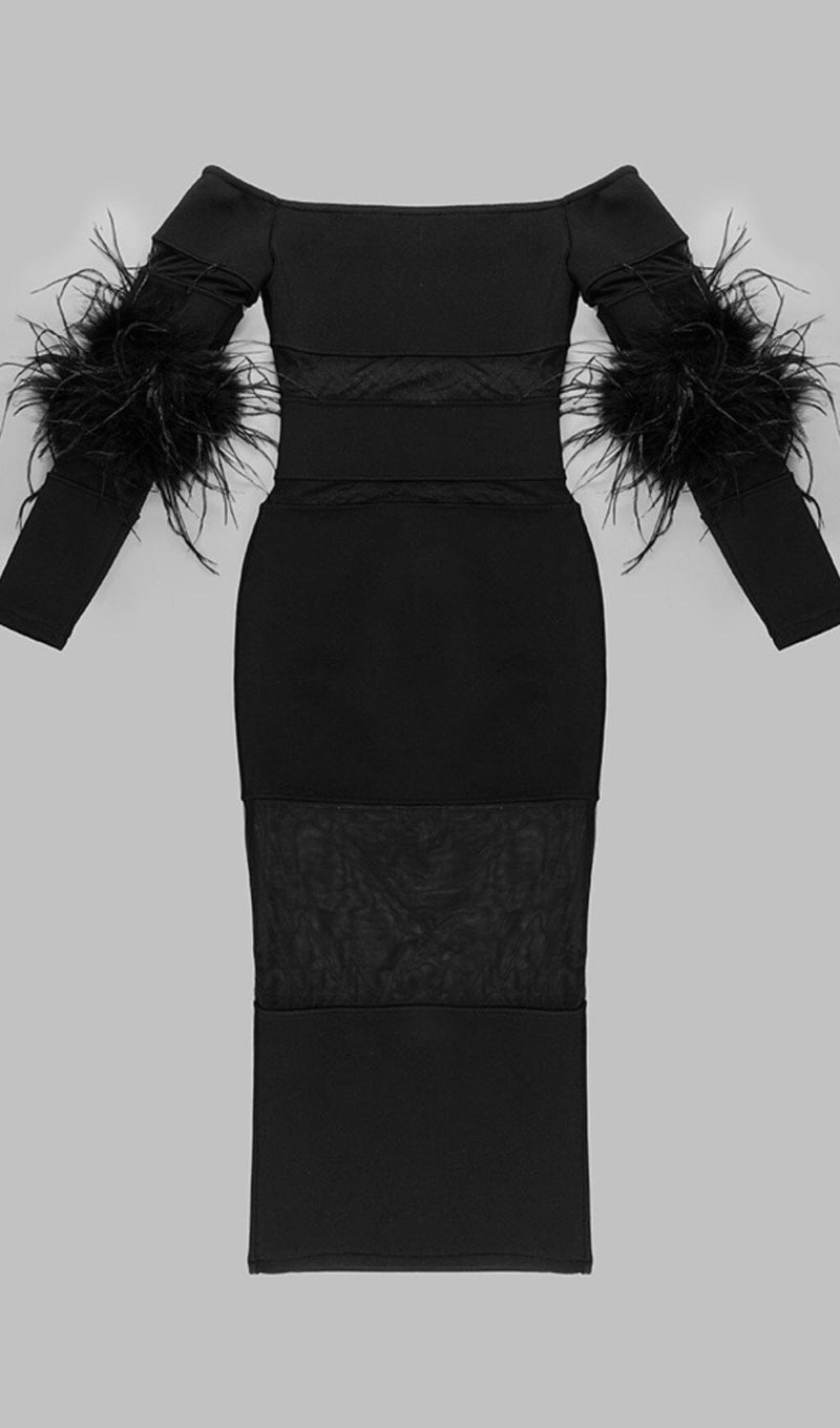 BANDAGE OFF-SHOULDER FEATHER MIDI DRESS IN BLACK styleofcb 