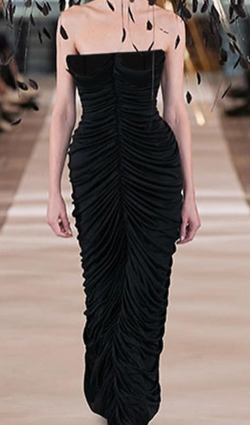 RUCHED STRAPLESS MIDI DRESS IN BLACK styleofcb 