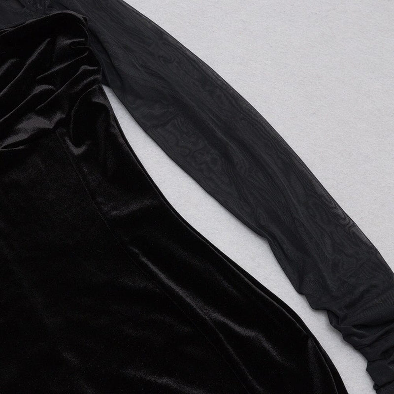 BLACK CREWNECK MESH STITCHED VELVET DRESS styleofcb 