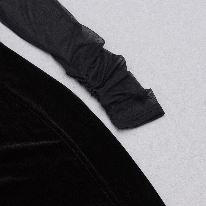 BLACK CREWNECK MESH STITCHED VELVET DRESS styleofcb 