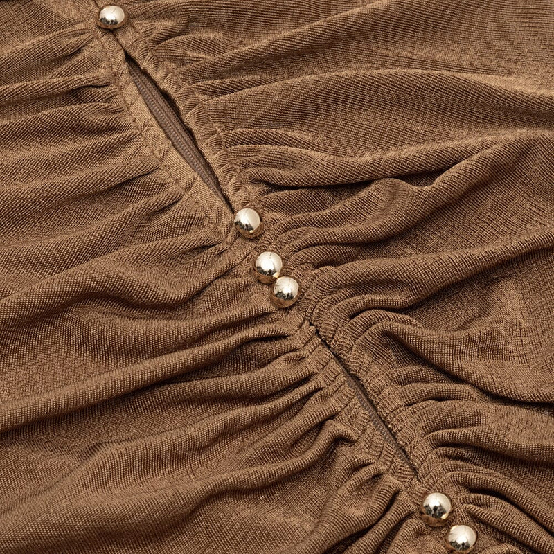 CARAMEL TURTLENECK WAIST HOLLOW PLEATED DRESS styleofcb 