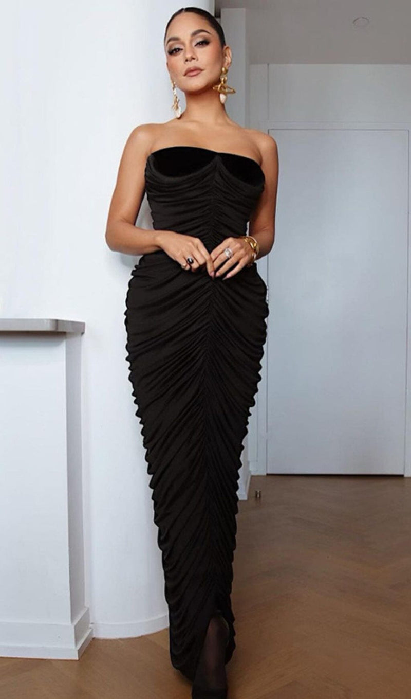STRAPLESS PLEATED DRESS IN BLACK DRESSES styleofcb 