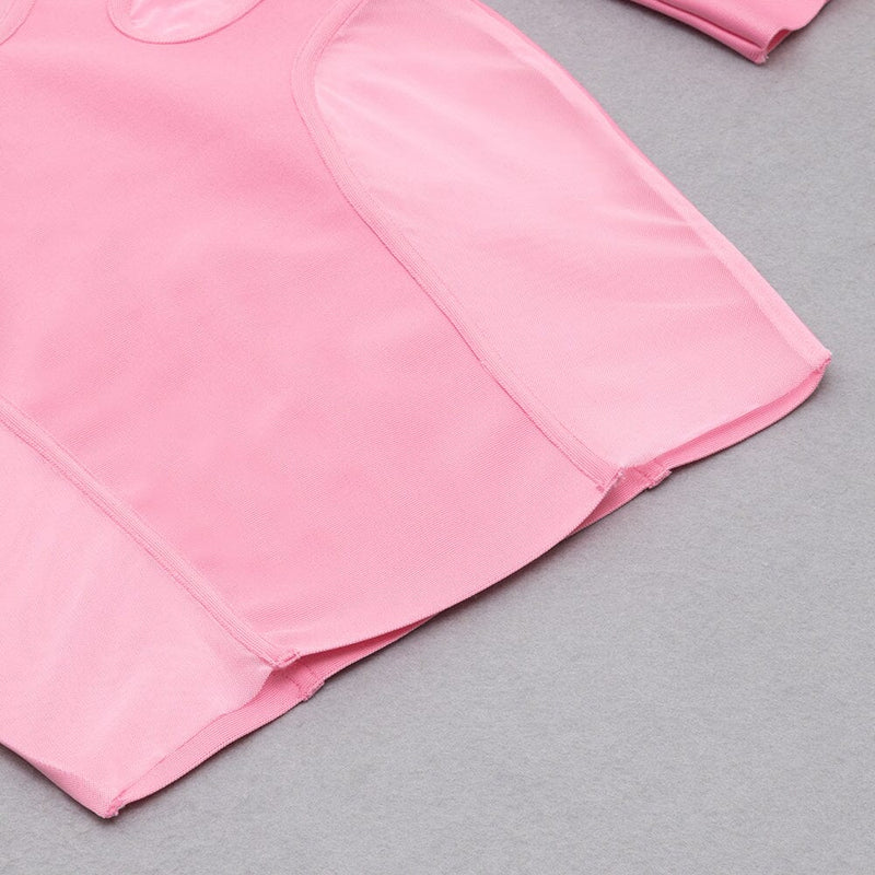 BARBIE PINK MESH FABRIC STITCHED SQUARE-NECK HALTERNECK DRESS styleofcb 