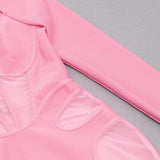 BARBIE PINK MESH FABRIC STITCHED SQUARE-NECK HALTERNECK DRESS styleofcb 