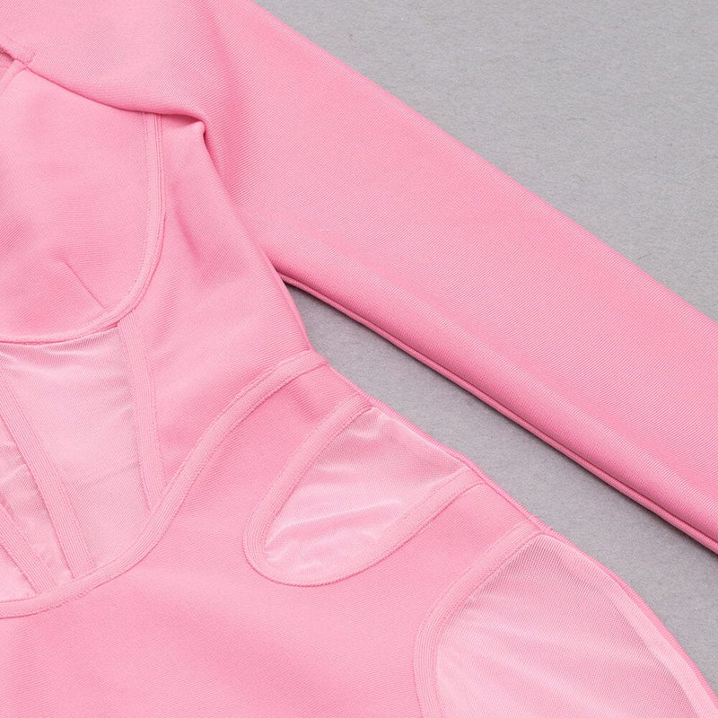BARBIE PINK MESH FABRIC STITCHED SQUARE-NECK HALTERNECK DRESS styleofcb 
