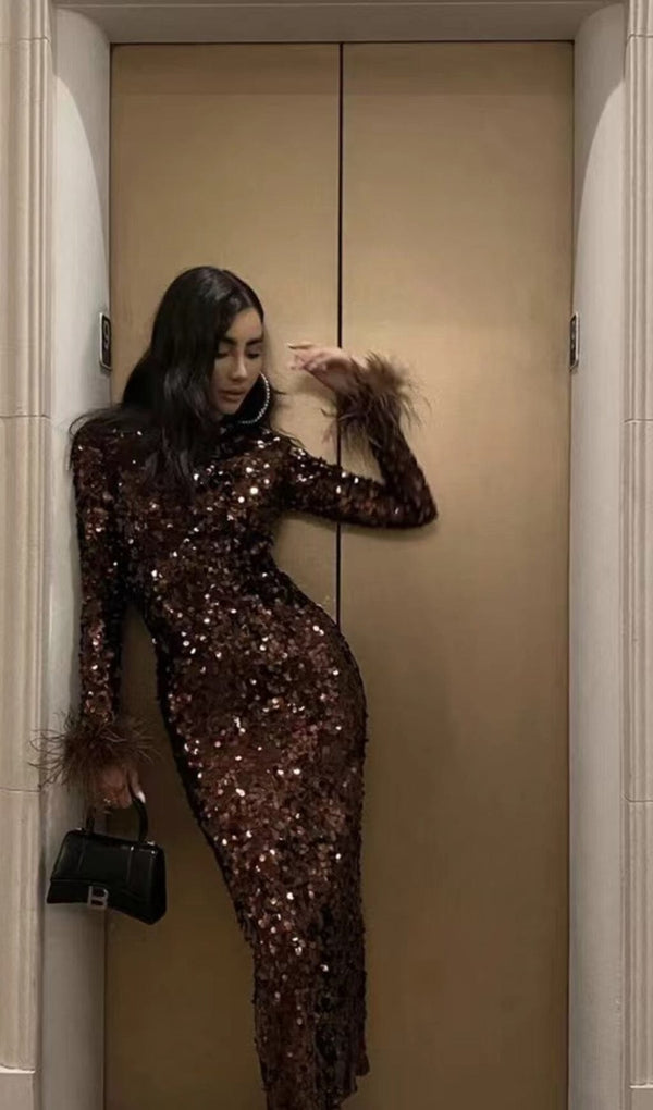 SEQUIN PATCHWORK PLUSH CUFF DRESS IN BROWN styleofcb 
