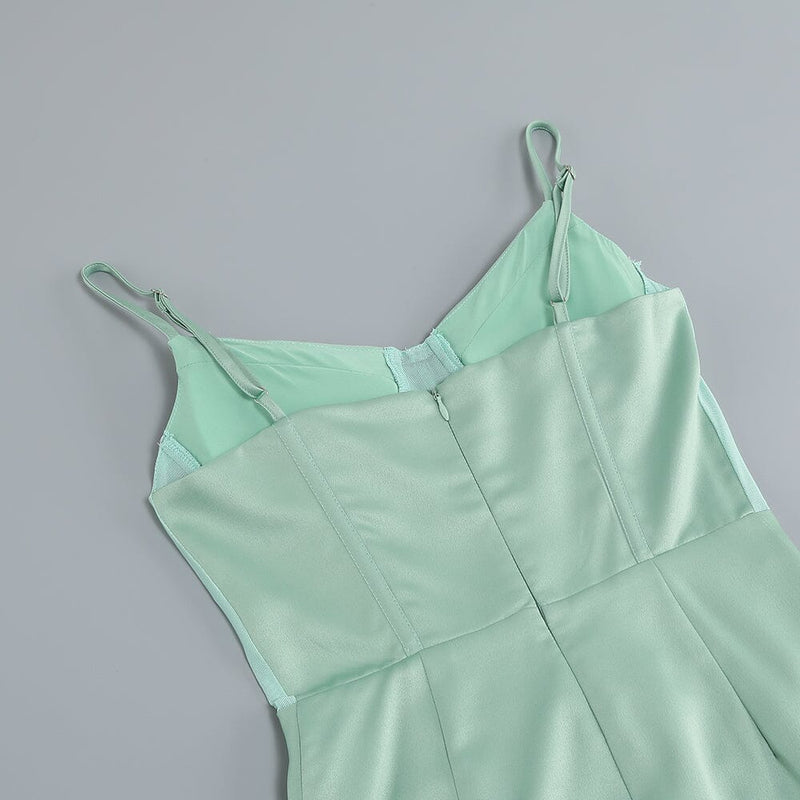 GREEN SATIN SWEETHEART NECK CORSET FRONT SPLIT MAXI DRESS DRESS styleofcb 