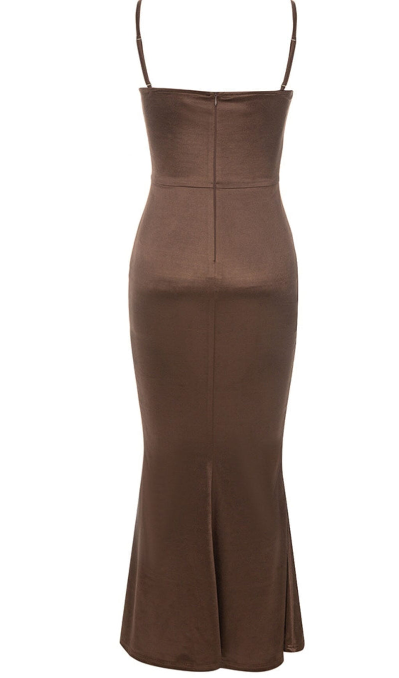 SATIN CORSET SPLIT MAXI DRESS IN BROWN DRESS styleofcb 