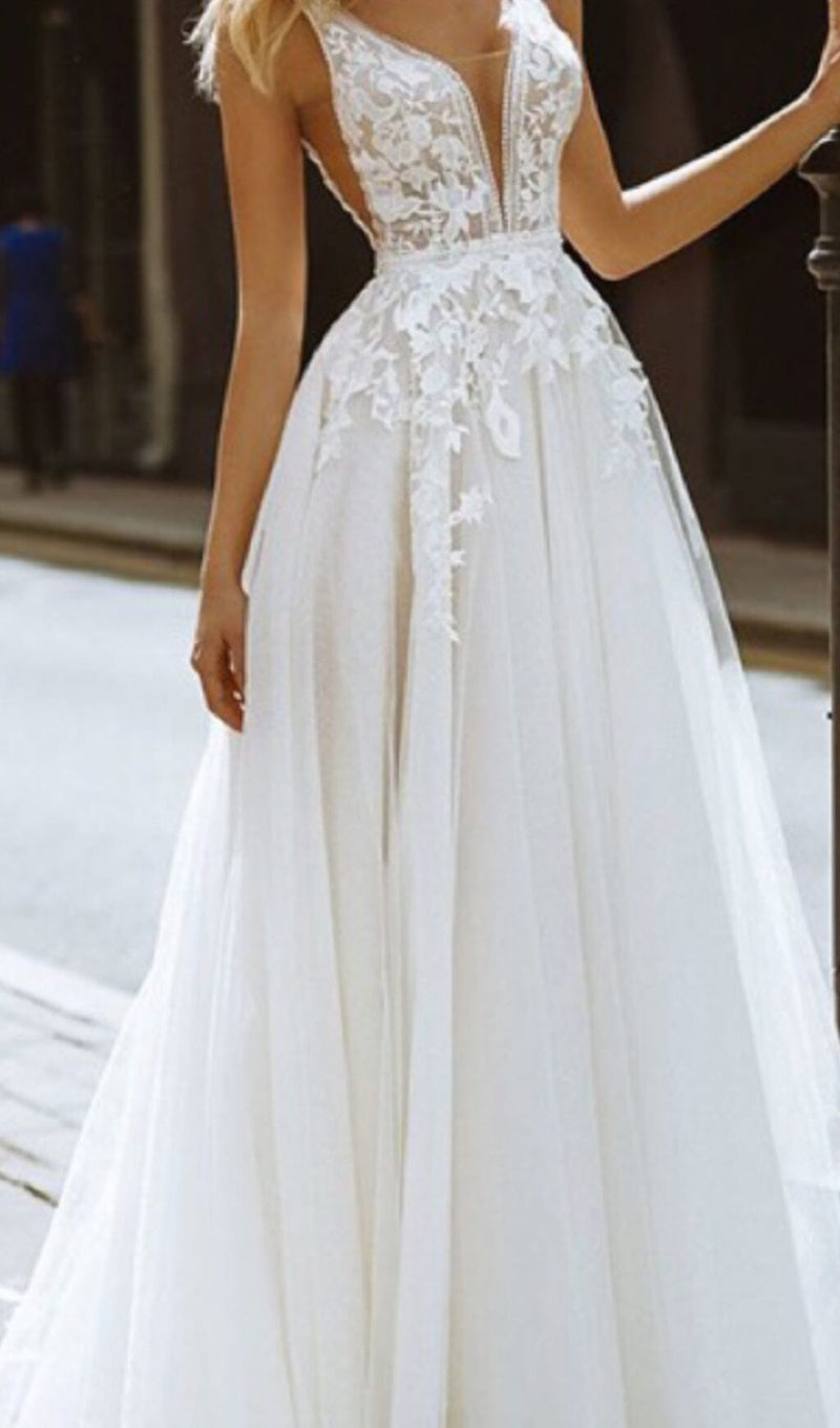 LARGE V-NECK SEE-THROUGH LACE HALTER DRESS IN WHITE styleofcb 