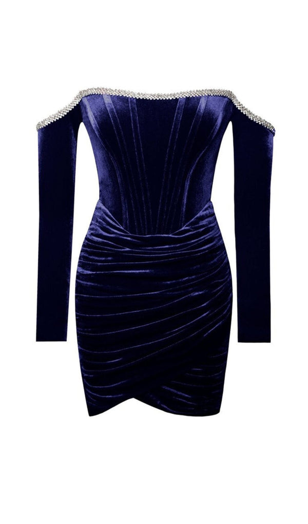 ODETTE NAVY VELVET OFF SHOULDER CORSET DRESS WITH CRYSTAL TRIM Dresses styleofcb 