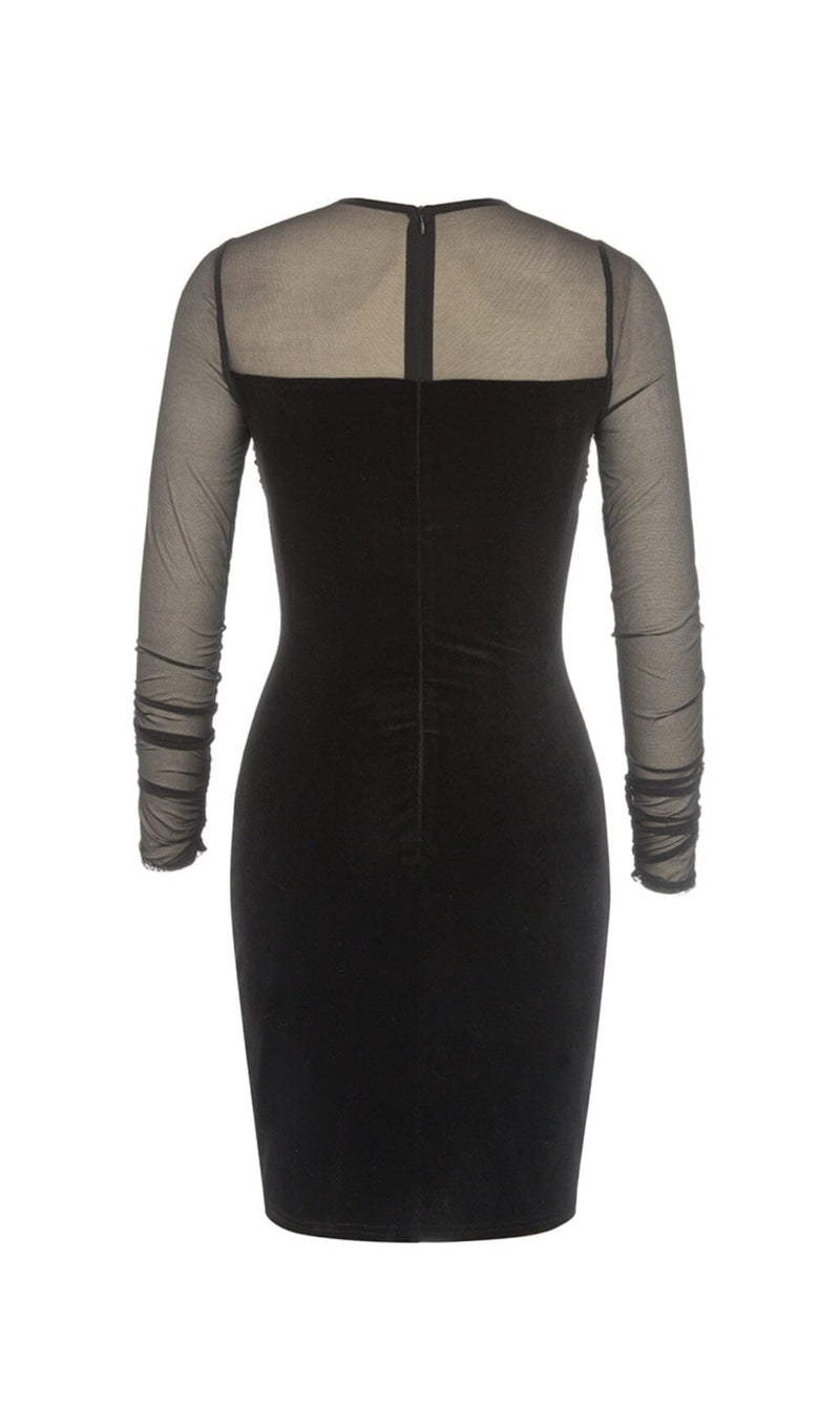 BLACK CREWNECK MESH STITCHED VELVET DRESS styleofcb 