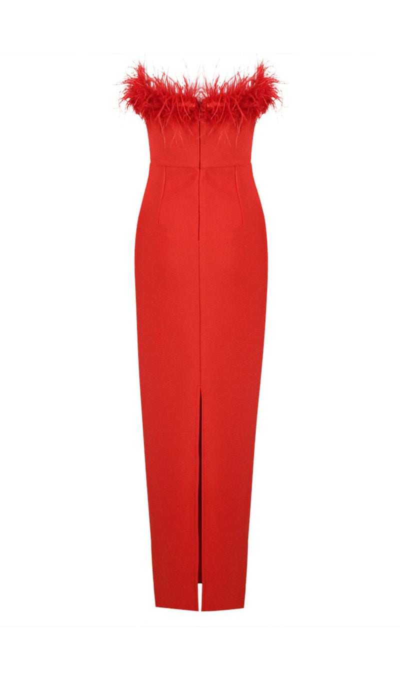 STRETCH STRAPLESS FEATHER TRIMMED GOWN IN RED styleofcb 