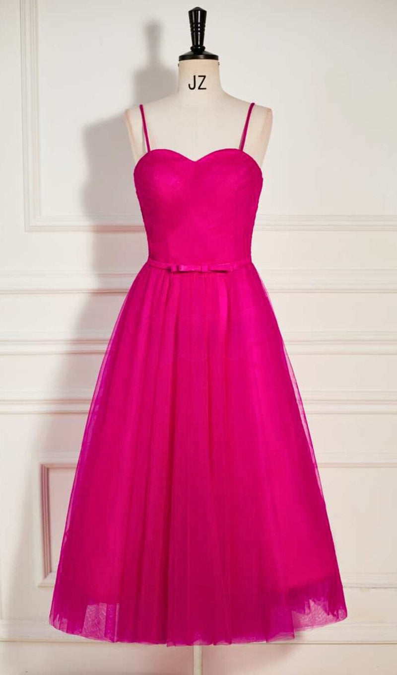 PLEATS SPAGHETTI STRAPS MIDI DRESS IN HOT PINK DRESS STYLE OF CB 