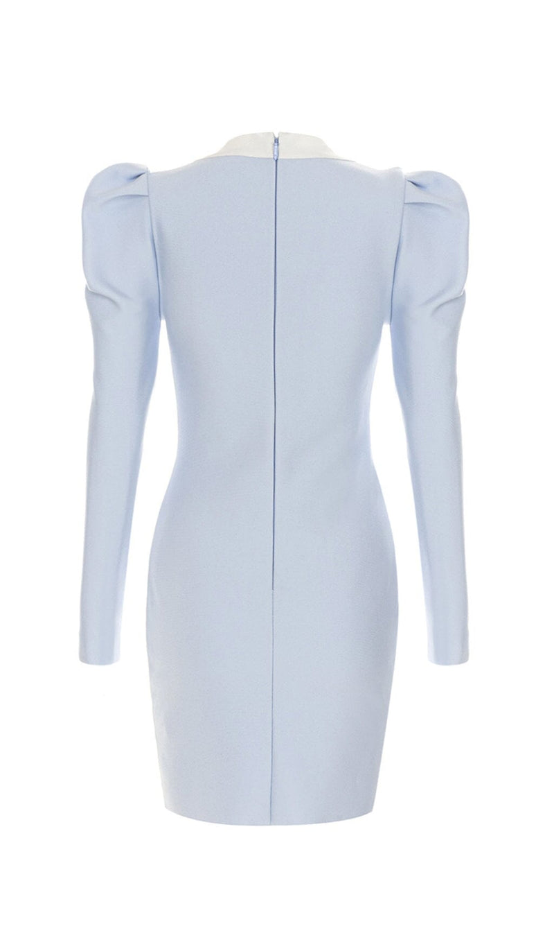 BANDAGE PUFF SLEEVE PEARL BUTTON ELEGANT MINI DRESS IN LIGHT BLUE styleofcb 