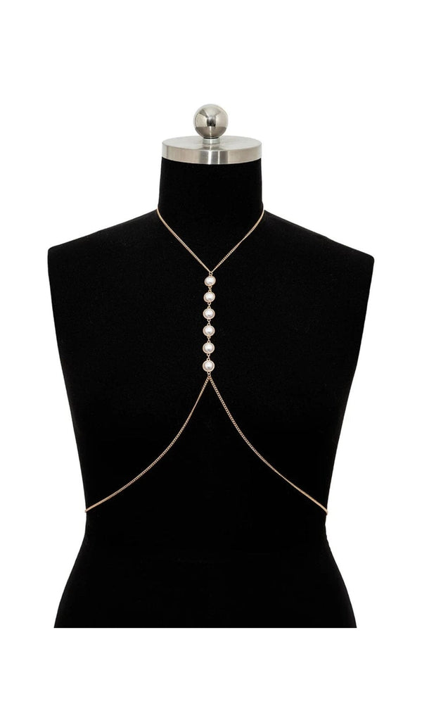PEARL CROSSOVER CHEST BODY CHAIN IN GOLD blingmyfriend 