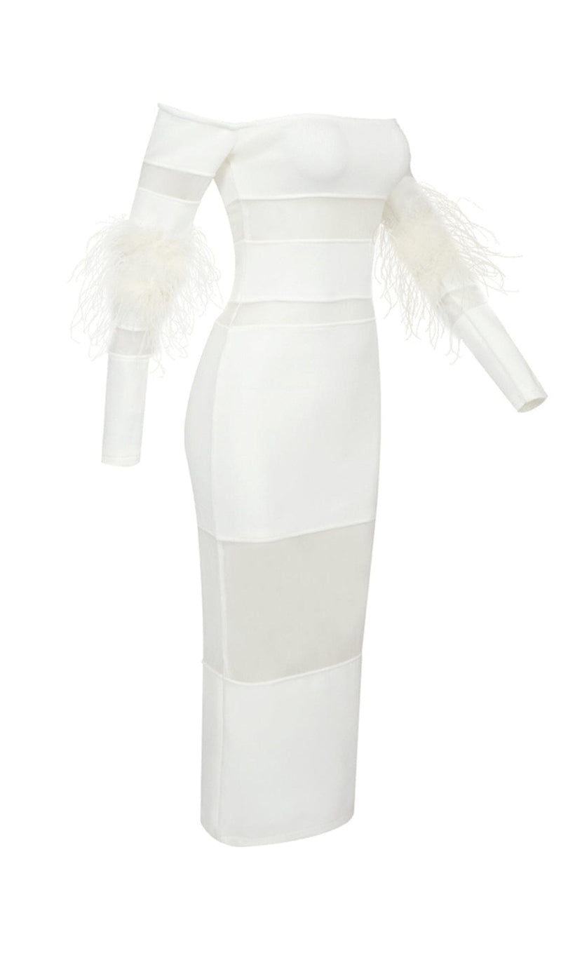 BANDAGE OFF-SHOULDER FEATHER MIDI DRESS IN WHITE styleofcb 