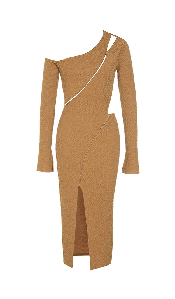 STRETCH JACQUARD ONE SHOULDER LONG SLEEVES MIDI DRESS IN KUMQUAT styleofcb 