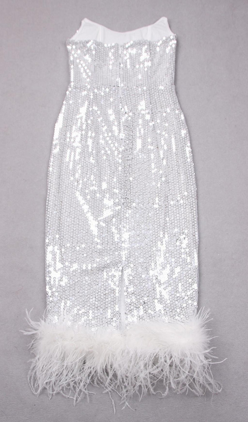 SEQUIN FEATHER MIDI DRESS IN WHITE styleofcb 