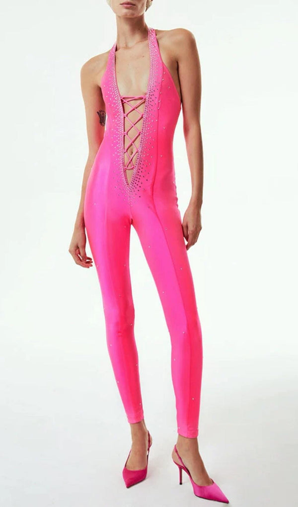 HALTER NECK CRYSTAL BACKLESS JUMPSUITS IN PINK BODYSUITS & JUMPSUITS styleofcb 