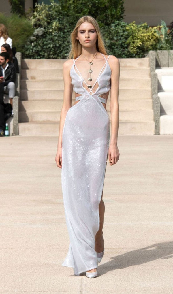 SEQUIN DEEP V CUTOUT MAXI DRESS IN WHITE styleofcb 