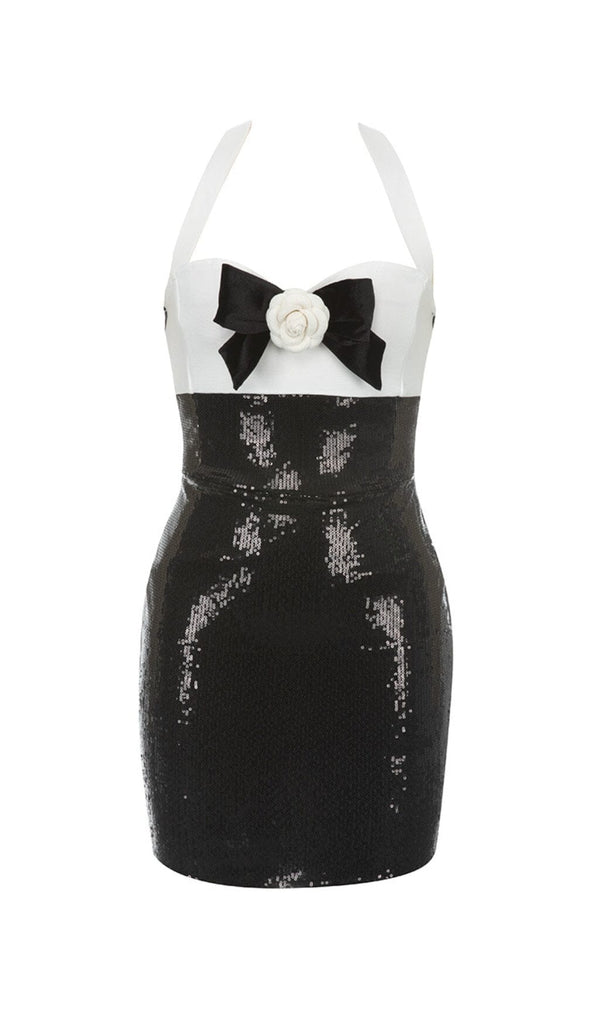 SEQUIN HALTER FLOWER MINI DRESS IN BLACK styleofcb 