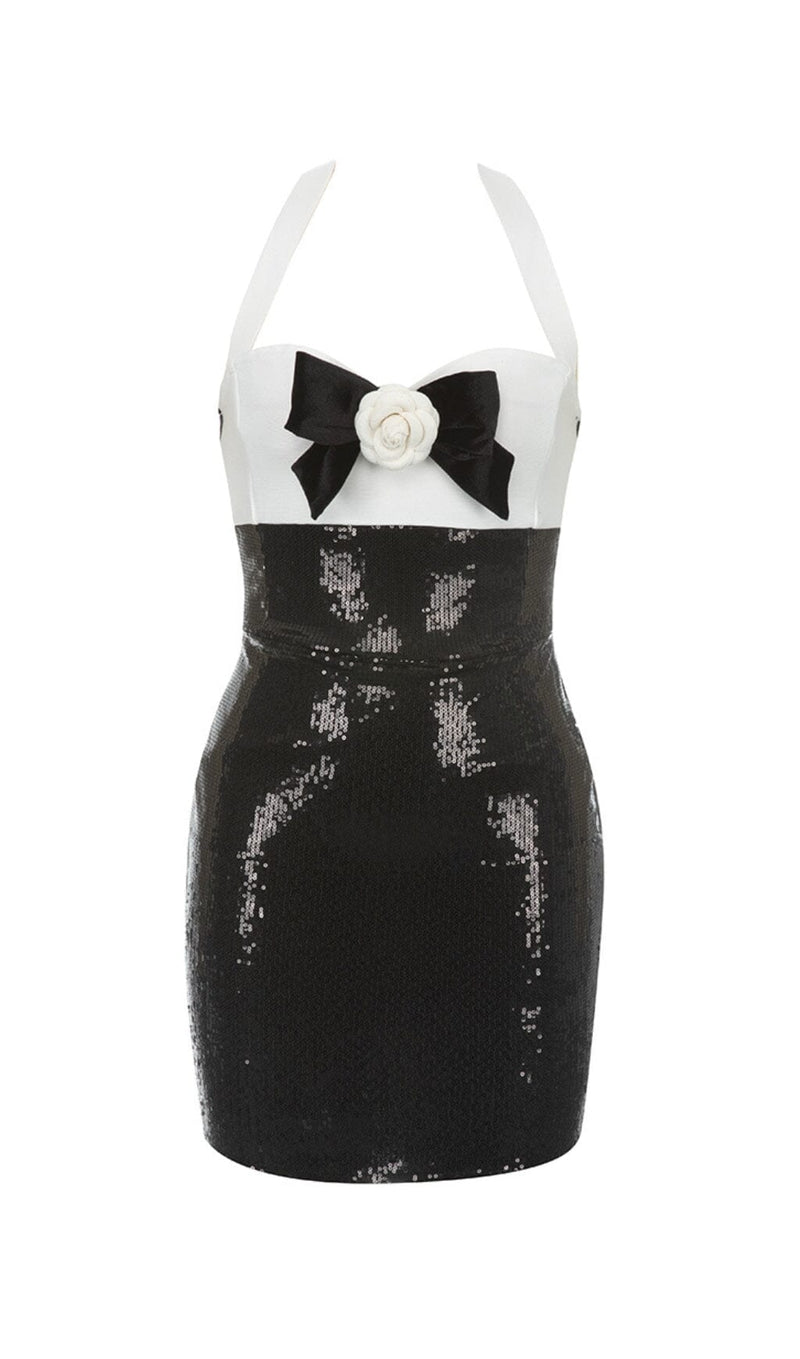 SEQUIN HALTER FLOWER MINI DRESS IN BLACK styleofcb 