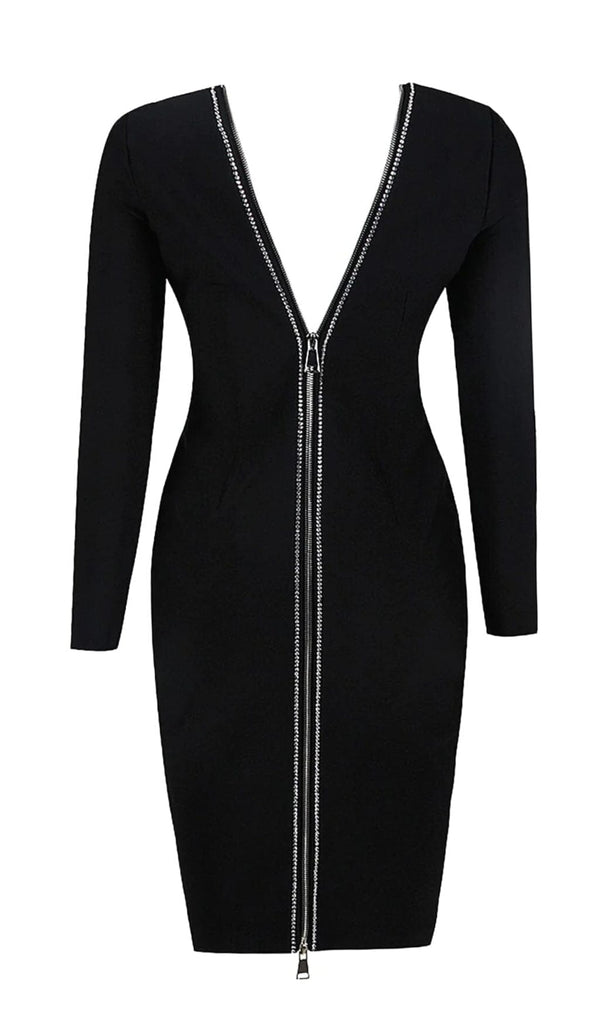 LONG SLEEVE CRYSTAL BANDAGE MIDI DRESS IN BLACK LEATHERETTE PIECES styleofcb 
