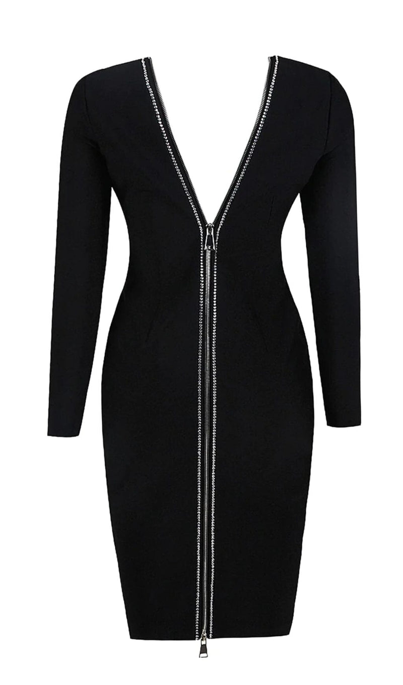LONG SLEEVE CRYSTAL BANDAGE MIDI DRESS IN BLACK LEATHERETTE PIECES styleofcb 