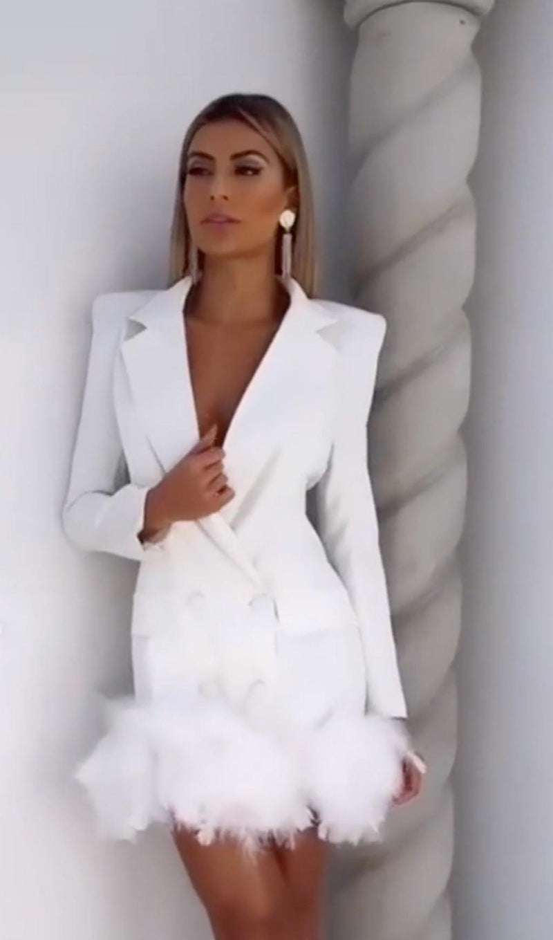 WHITE FEATHER LONG SLEEVE BLAZER MINI DRESS styleofcb 
