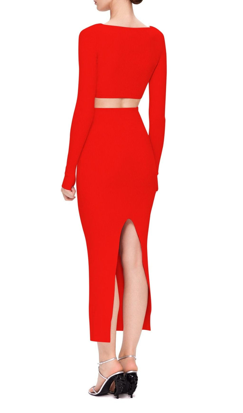 CUTOUT LONG SLEEVE MIDI DRESS IN RED styleofcb 