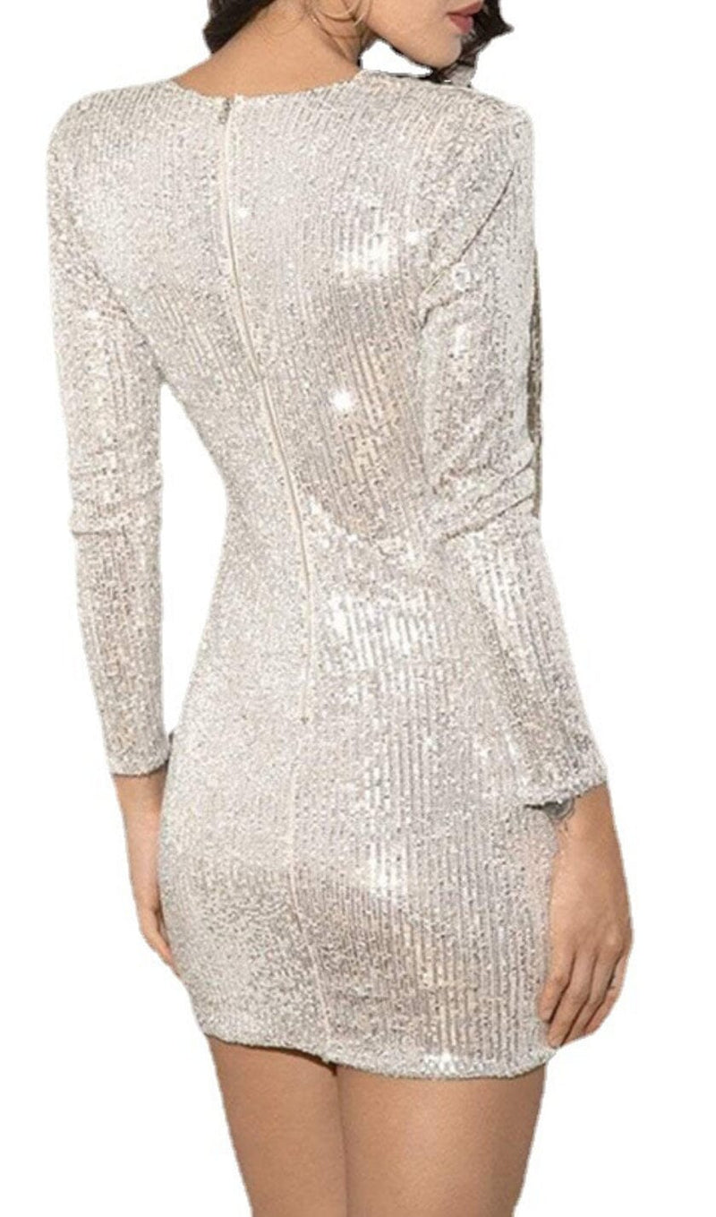 SEQUIN IRREGULAR PLEATED FASHION MINI DRESS IN SILVER styleofcb 