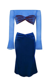 VELVET MESH SLEEVE TWO PIECE SUIT Tops styleofcb BLUE XS 